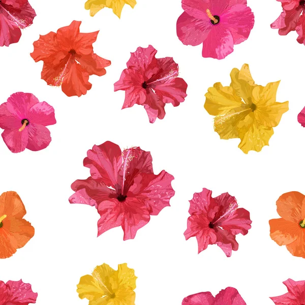 Hibiscus bloem. Tropische bloemen naadloze patroon kleurrijke isol — Stockvector