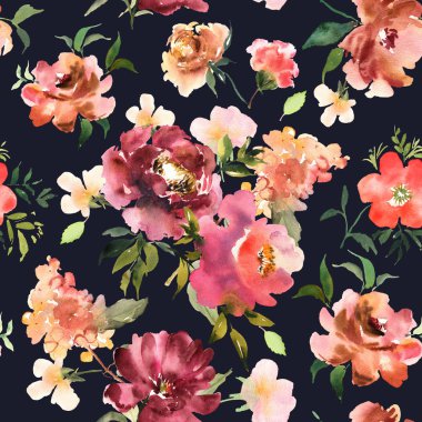 Renkli fl sulu boya Dikişsiz desen izole el ile çizilmiş