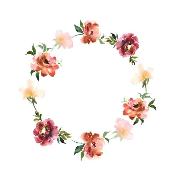 Couronne aquarelle avec des fleurs et des feuilles en cercle. Coloré fl — Image vectorielle