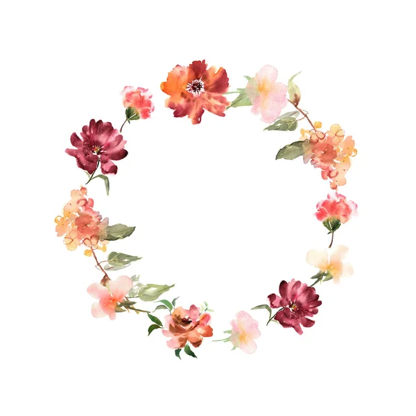 Aquarellkranz mit Blumen und Blättern im Kreis. farbenfrohe Blüten — Stockvektor