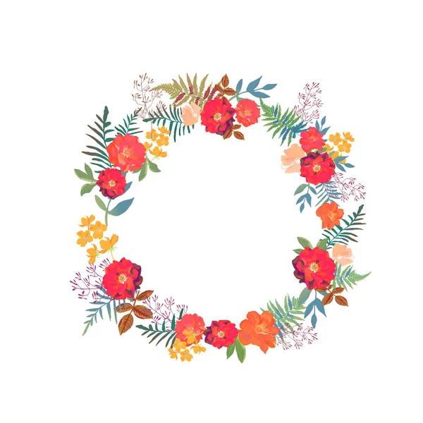 Wreath with flowers and leaves in circle. Colorful floral orname — Stock Vector