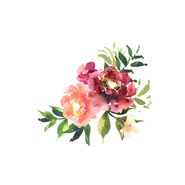 Conjunto floral acuarela. Ramillete con flores rojas anaranjadas hermosas — Vector de stock