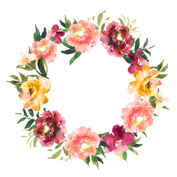 Watercolor wreath with flowers and leaves in circle. Colorful fl — Stock Vector