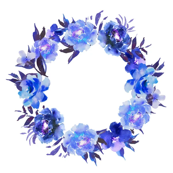 Ακουαρέλα στεφάνι με λουλούδια και τα φύλλα σε κύκλο. Μπλε φλοράλ — Διανυσματικό Αρχείο