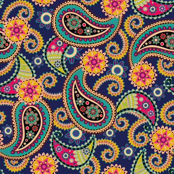 Fondo Paisley sin costuras. Flores y hojas coloridas en azul — Vector de stock