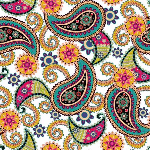 Fond d'écran Paisley sans couture. Fleurs et feuilles colorées sur blanc — Image vectorielle