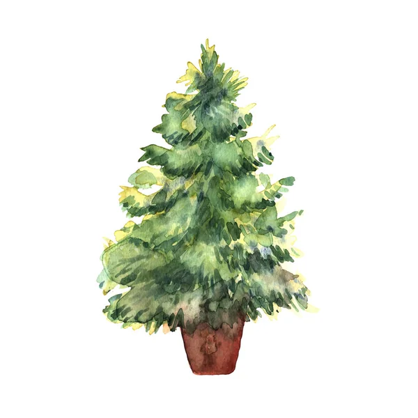 Árvore de Natal verde aquarela no fundo branco. Isolado ha — Vetor de Stock