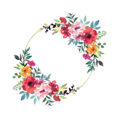 Elle çizilmiş suluboya buket metin için yer ile. Tasarım kartı, davet. Altın çember çerçeve çiçek aranjmanı. Çiçekli çelenk.