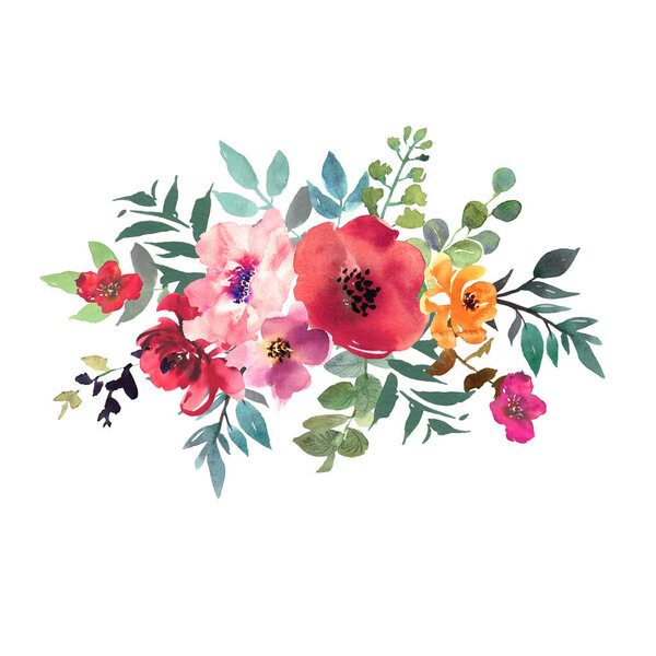 Hand drawn watercolor bouquet on white background. Beautiful gentle flowers in the composition. Roses. Design for card, invitation.