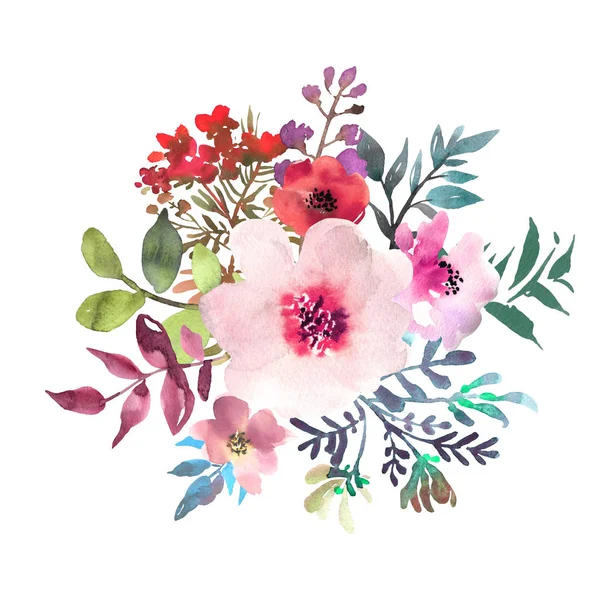 Handgezeichnetes Aquarell-Bouquet auf weißem Hintergrund. schöne zarte Blüten in der Komposition. Rosen. Design für Karte, Einladung — Stockfoto