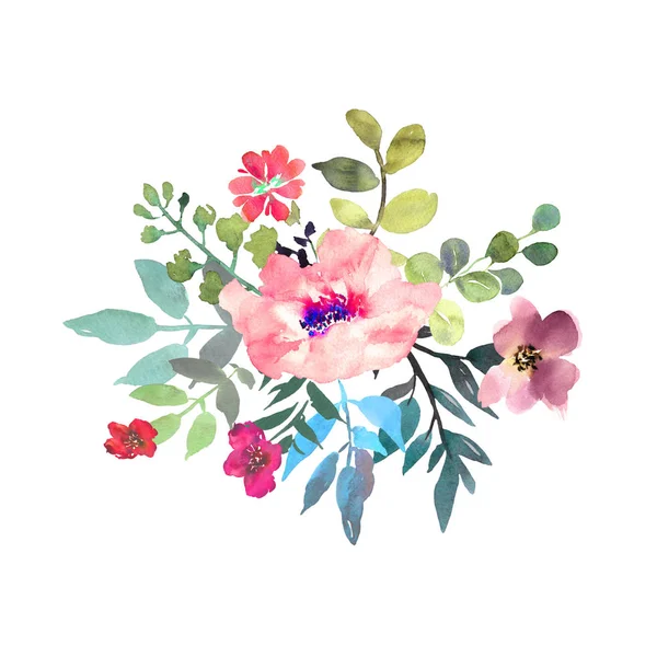 Handgezeichnetes Aquarell-Bouquet auf weißem Hintergrund. schöne zarte Blüten in der Komposition. Rosen. Design für Karte, Einladung — Stockfoto