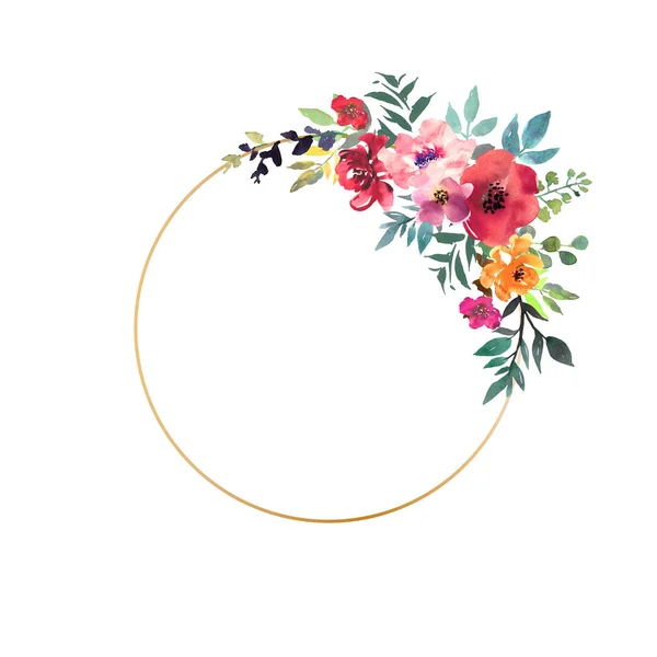 Handritade vattenfärg bukett med plats för din text. Design för kort, inbjudan. Blomsterarrangemang med gold circle ram. Krans med blommor. — Stockfoto