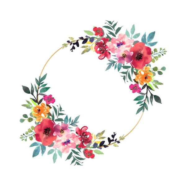 Handgezeichnetes Aquarell-Bouquet mit Platz für Ihren Text. Design für Karte, Einladung. Blumenschmuck mit Goldrahmen. Kranz mit Blumen. — Stockfoto