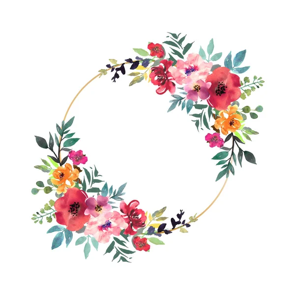 Hand getrokken aquarel boeket met plaats voor uw tekst. Ontwerp voor card, uitnodiging. Bloemen arrangement met gouden cirkelframe. Krans met bloemen. — Stockfoto