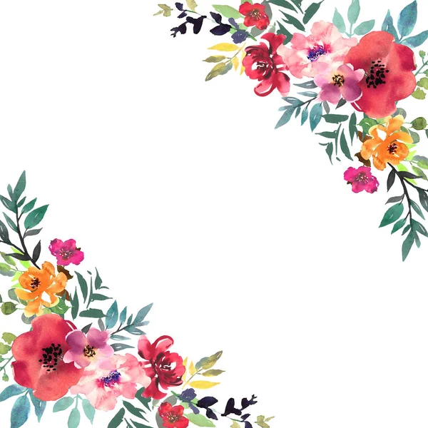 Handgezeichnetes Aquarell-Bouquet mit Platz für Ihren Text. leuchtend blühende Blumen im Design für Karte, Einladung — Stockfoto