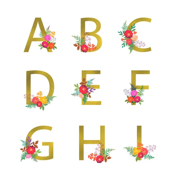 포스터 황금 편지 A, B, C, D, E, F, G, H, I. 꽃 식물 꽃. 흰색 바탕에 꽃다발으로 장식 알파벳 벡터 폰트입니다. 섬유 및 카드 디자인. — 스톡 벡터