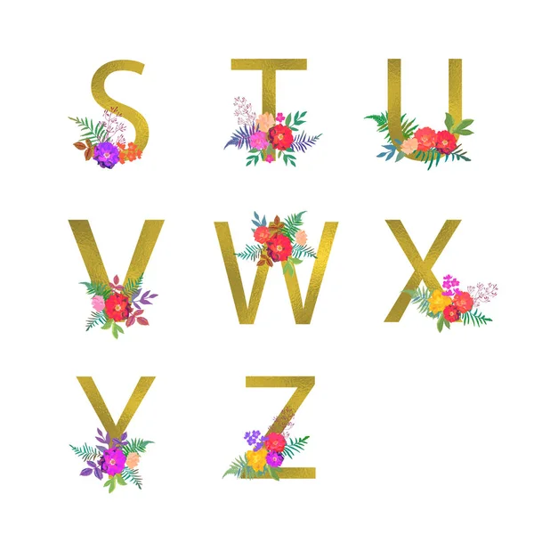 Poster met gouden letters S, T, U, V, W, X, Y, Z. Floral botanische bloemen. Decoratieve alfabet vector lettertype met boeket op witte achtergrond. Textiel- en kaart ontwerp. — Stockvector