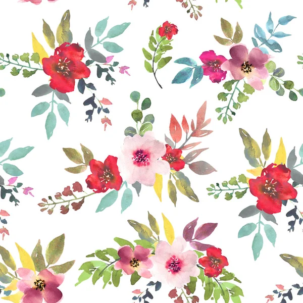 Aquarell florale nahtlose Muster für Tapeten, Drucke Design. Blumenhintergrund. Textiltextur im Sommer. Ornamentillustration. dekorative Blumen auf weißem Hintergrund. — Stockfoto