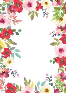 Elle çizilmiş suluboya buket metin için yer ile. Tasarım kartı, davet. Çerçeve çiçek.