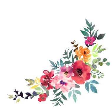 El beyaz zemin üzerine suluboya buket çekilmiş. Güzel yumuşak çiçek kompozisyon. Gül