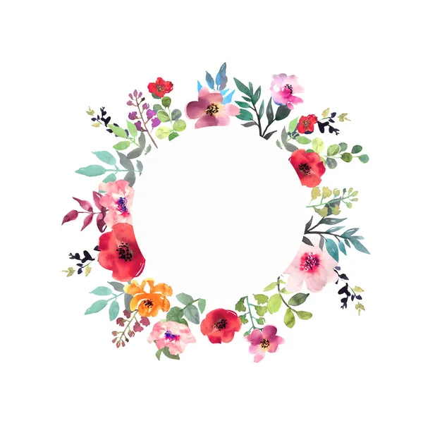 Bouquet aquarelle dessiné à la main avec place pour votre texte. Design pour carte, invitation. Arrangement floral avec cadre circulaire. Couronne de fleurs . — Photo