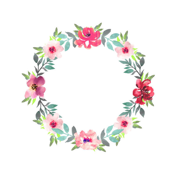 Hand drawn watercolor bouquet with place for your text. Design for card, invitation. Floral arrangement with circle frame. Wreath with flowers