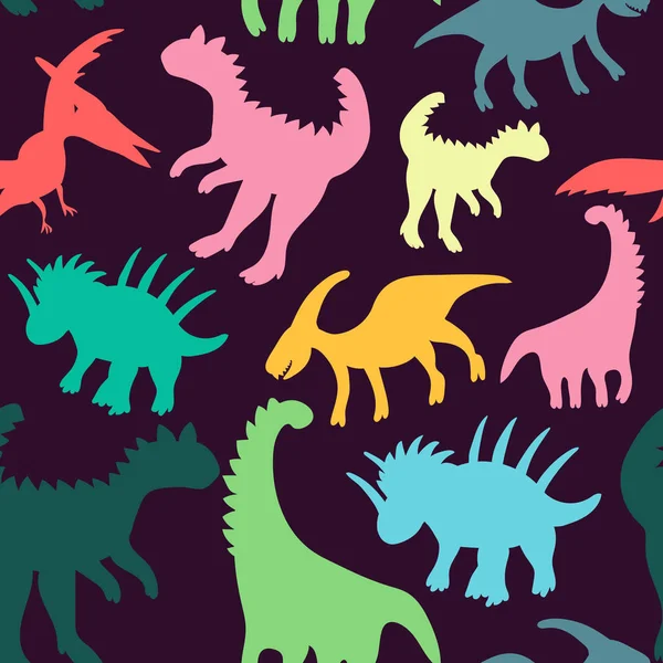 Coleção na moda com crianças padrão dinossauros coloridos. Textura infantil sem costura criativa. Design de vetor monstro bonito. Silhuetas coloridas de dinossauros — Vetor de Stock