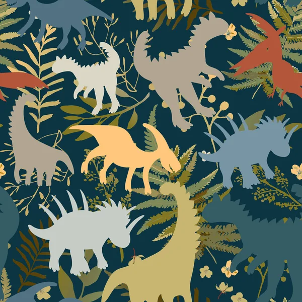 Collection tendance avec des dinosaures colorés motif enfants. Texture enfantine créative sans couture. Conception vectorielle monstre mignon. Silhouettes colorées de dinosaures sur fond floral — Image vectorielle