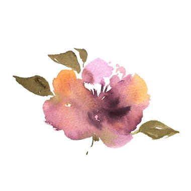 Kartları baskılar ve davetiye için yaprakları el çizilmiş renkli güzel mor, turuncu izole ve çiçek bitki ile Suluboya çiçek