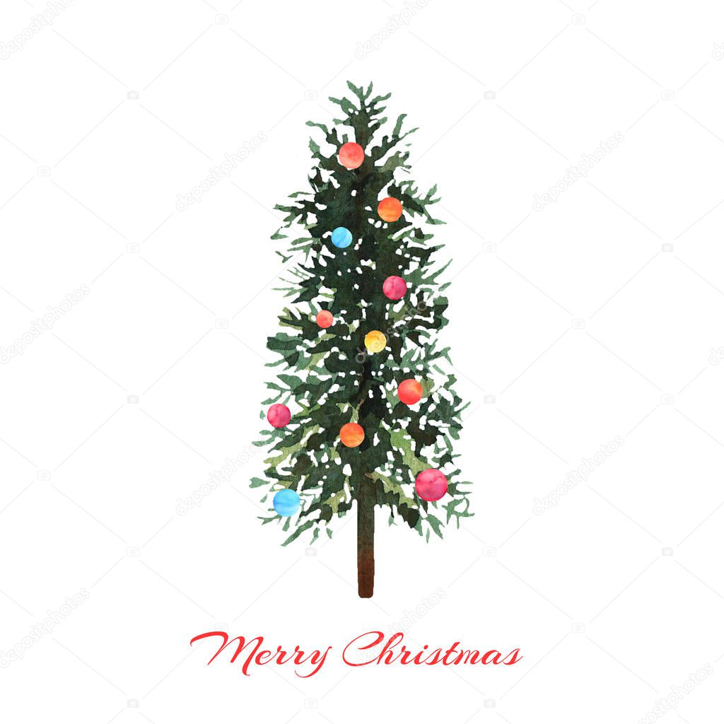 Watercolor green tree with colorful balls on white background. Design for Happy New Year and Christmas print