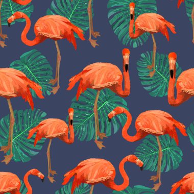 Flamingo kuş hayvan ile Dikişsiz desen, herhangi bir amaç için büyük tasarım. Renkli vektör illüstrasyon. Komik çizgi film karakteri. Vektör. Palmiye yaprakları üzerinde Flamingo. 