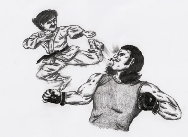 an abstract painting black and white illustration showing a karate fighter fighting with an MMA fighter a vicious tournament battle, where the smaller karate fighter jumps into the air and kicks his way stronger opponent right into the face