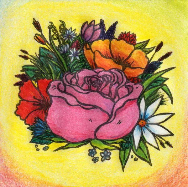 Abstrakcyjna Kolorowa Ilustracja Malarska Ukazująca Piękny Bukiet Pięknych Kwiatów Wśród — Zdjęcie stockowe