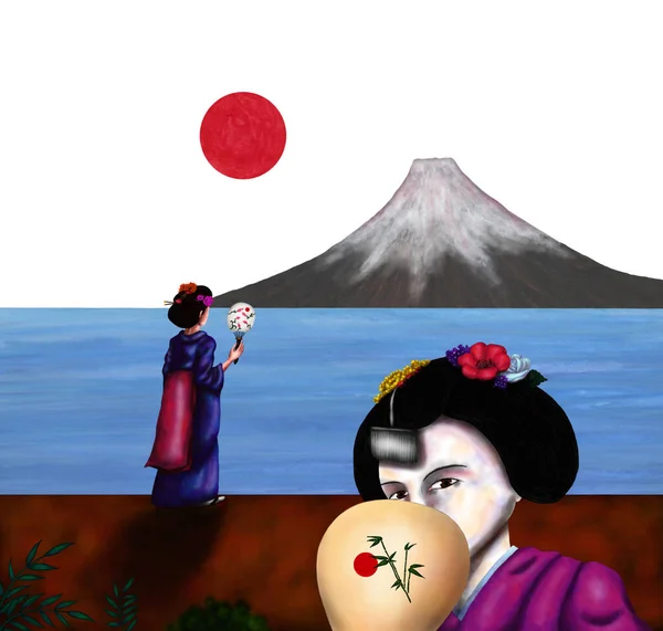 Soyut bir suluboya resim genç Japon bir Geyşa kızı, bir el yelpazesi tutuyor ve denizin önünde duruyor Fuji dağı görünüyor ve üzerinde kırmızı güneş var. Başka bir Geyşa kızı yüzünü yelpazesiyle kapatıyor.. 