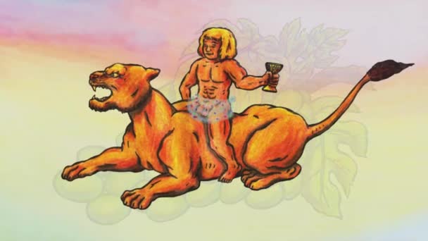 絵のイラストの短いビデオアニメーション 雌ライオンに乗ってバッカス少年を示します アニメーションはブドウで変化しています バッカスはディオニュソスを象徴しています ワインの神 ブドウのように少年の手にゴブレットによって表されます — ストック動画