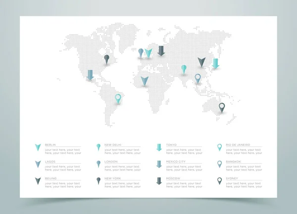 Carte Monde Vecteur Pointillé Avec Marqueurs — Image vectorielle