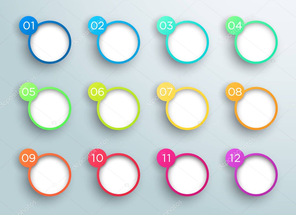 Steps 1 to 12 in 3d Bubbles Vector Infographic B