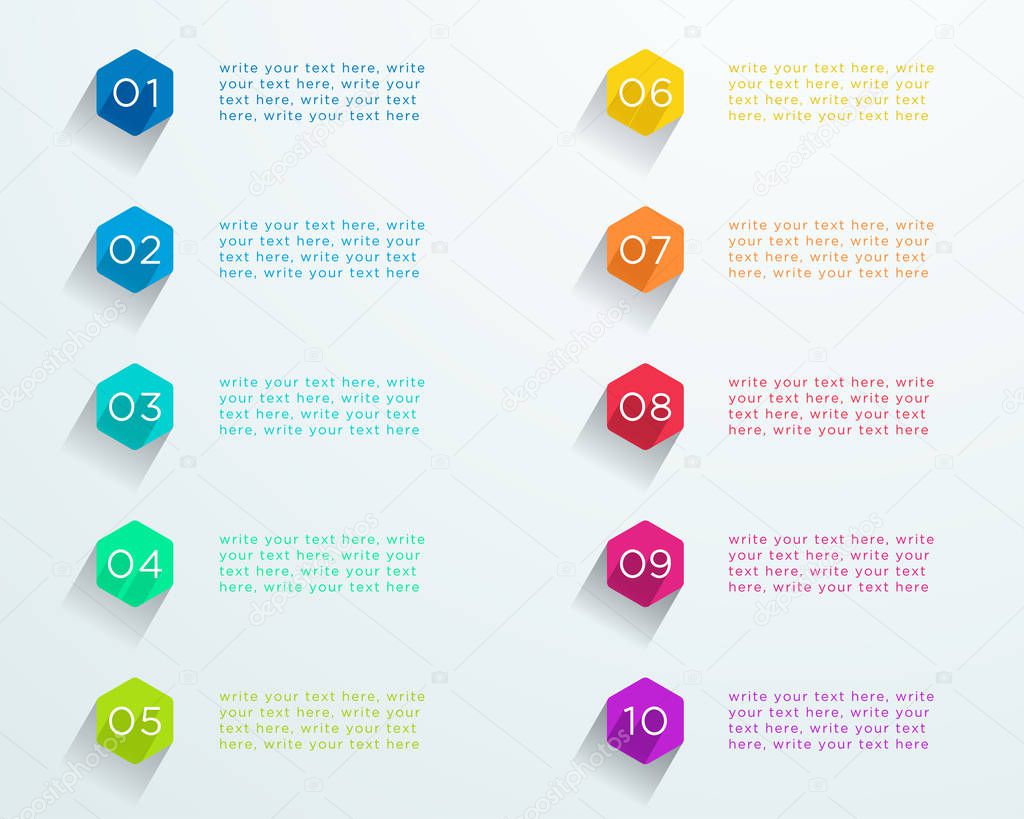 Number Bullet Points Flat Hexagons 1 to 10