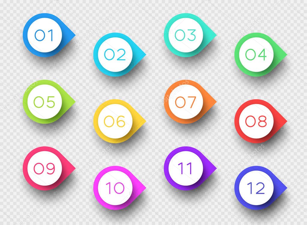 Number Bullet Point Colorful 3d Markers 1 to 12 Vector