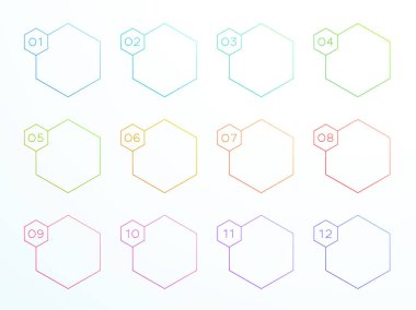 Numaralandırılmış anahat altıgen metin kutuları 1-12 vektör