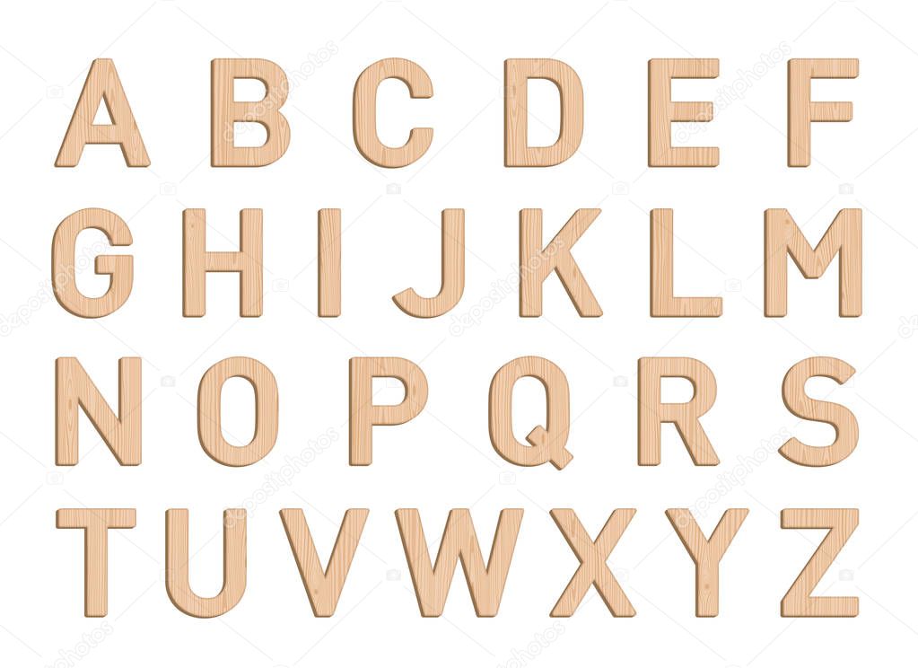 Wooden Font Letter Elements Set A to Z Vector 3d Illustration