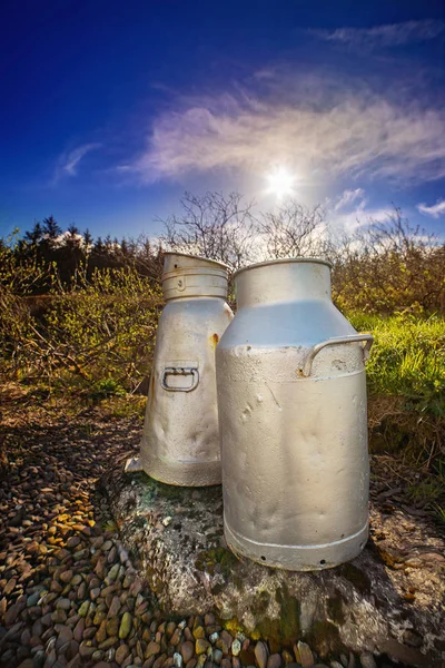 Nära Visa Två Aluminium Mjölk Burkar Vägarna Grevskapet Cork Irland — Stockfoto