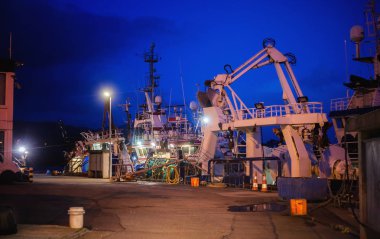 Gece limanda gemiler. İrlanda Güney sahil.