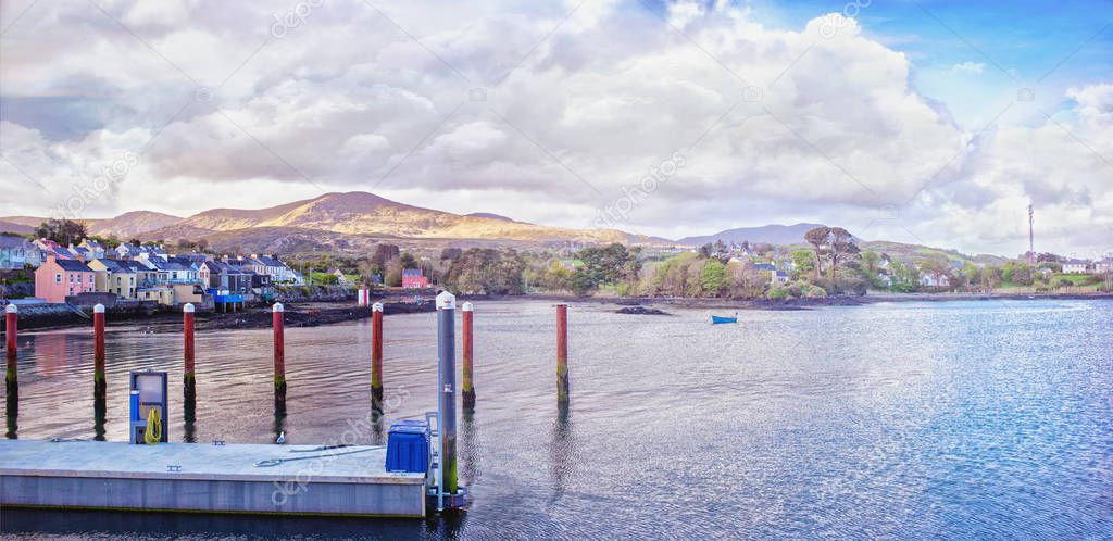 Beautiful panoramic sunset landscape in a Castletownbere town.View from the harbor. County Cork, Ireland
