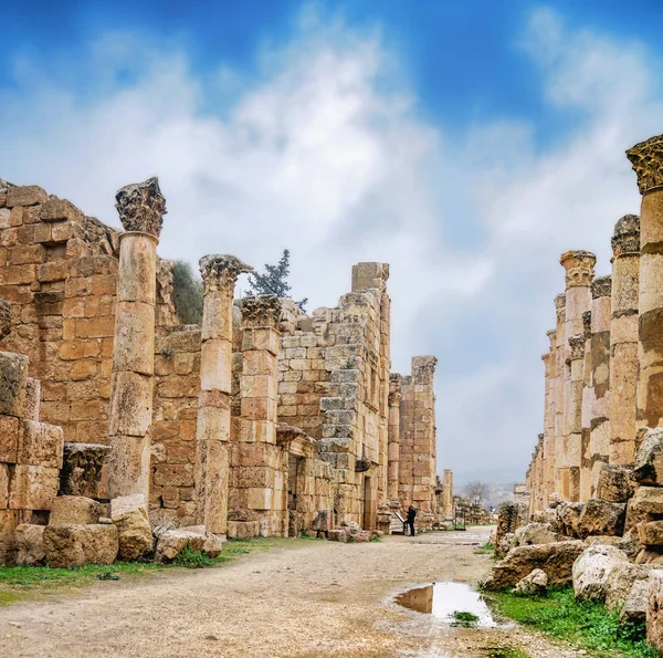 Colunas Cardo Maximus Colonnaded Street Antiga Cidade Romana Gerasa Antiguidade — Fotografia de Stock