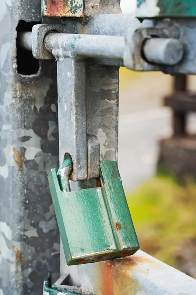 Green padlock on a metal gate — Stock Photo, Image