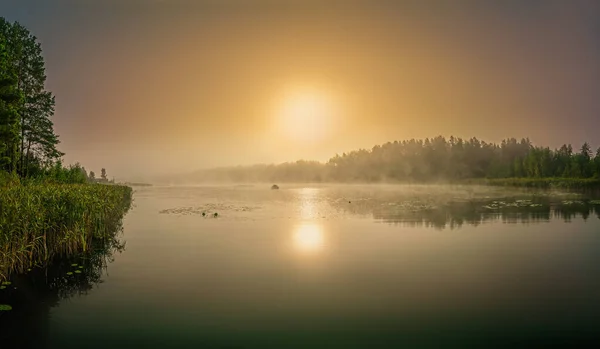 Schöner Nebliger Sonnenaufgang Über Dem See Herbst Litauen — Stockfoto