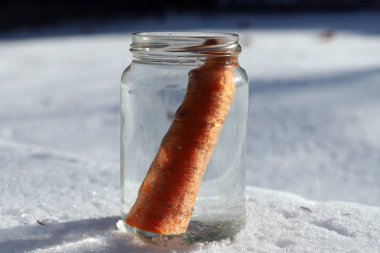 Güneşin kardan adam geldiğinde garten içinde eriyor. Kardan adam mason kavanoza dirilişine bekliyor. Taze havuç olarak kavanoza yeni kış sezonu için bekleyen kışın erimiş kardan adam