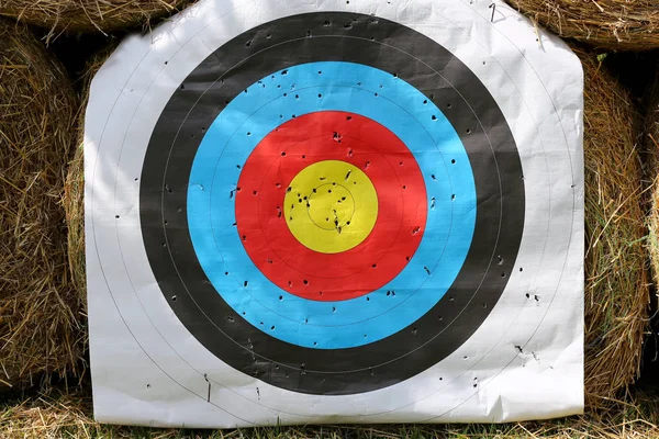 Rekabet çekim spor renkli hedef şablonu. Hedef aralığı saman balya karşı çekim üzerinde renkli daireler ile kullanılan