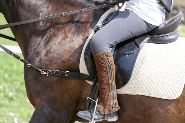 Zbliżenie skórzanego siodełka do uprawiania jeździectwa na koniu — Zdjęcie stockowe